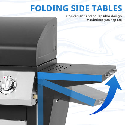 SEGMART 4 Burner BBQ Propane Gas Grill, Stainless Steel 40,000 BTU Patio Garden Barbecue Grill with Folding Side Tables, Cleaning Brush & Thermometer, Perfect for Camping, Outdoor Cooking