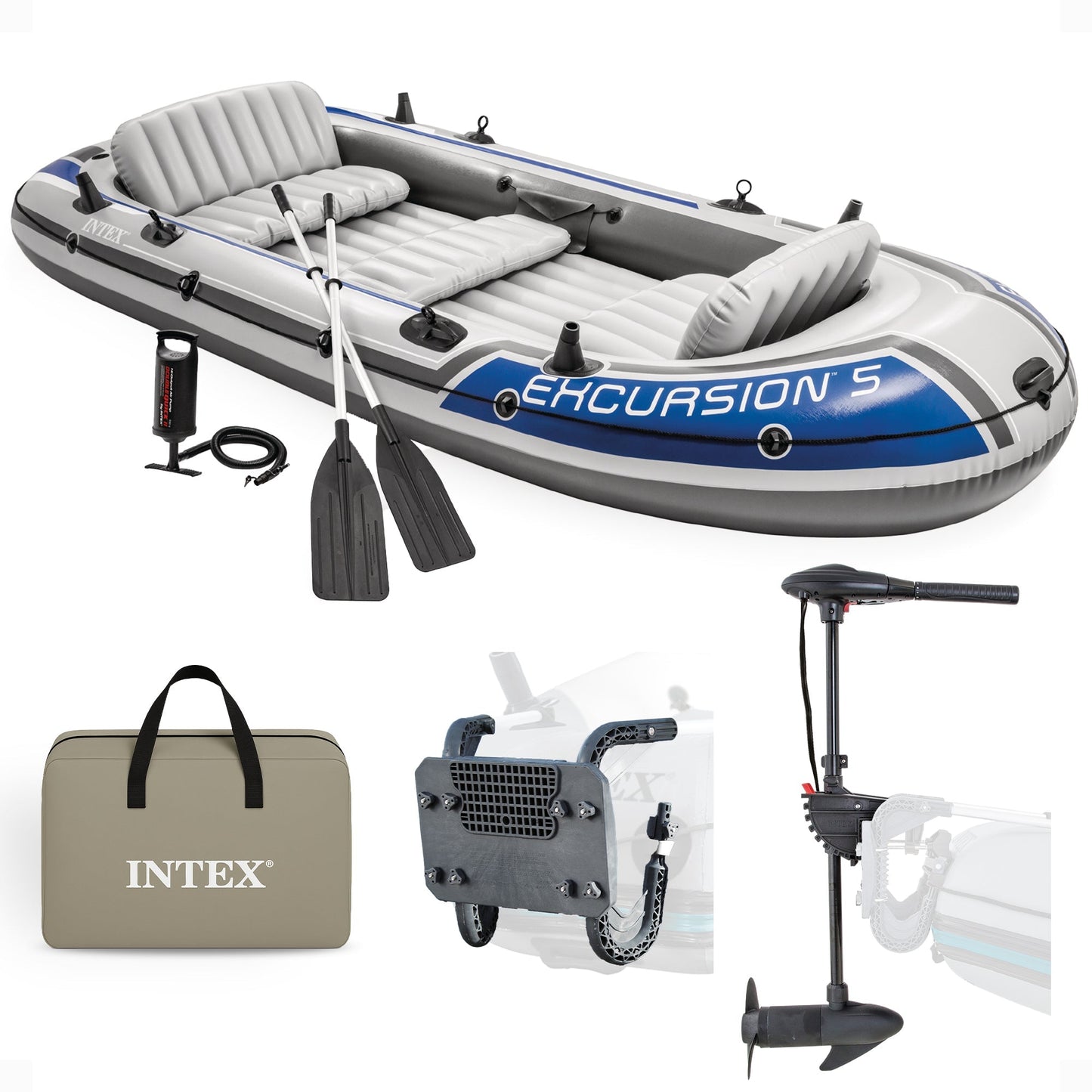 Intex 5 Person Inflatable Fishing Boat, Trolling Motor and Boat Motor Mount Kit