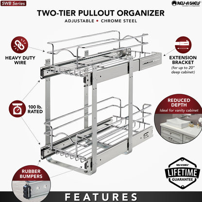 Rev-A-Shelf Pullout 2-Tier Basket Organizer for Kitchen or Vanity Cabinets, 12 x 18 In, 5WB2-1218CR-1