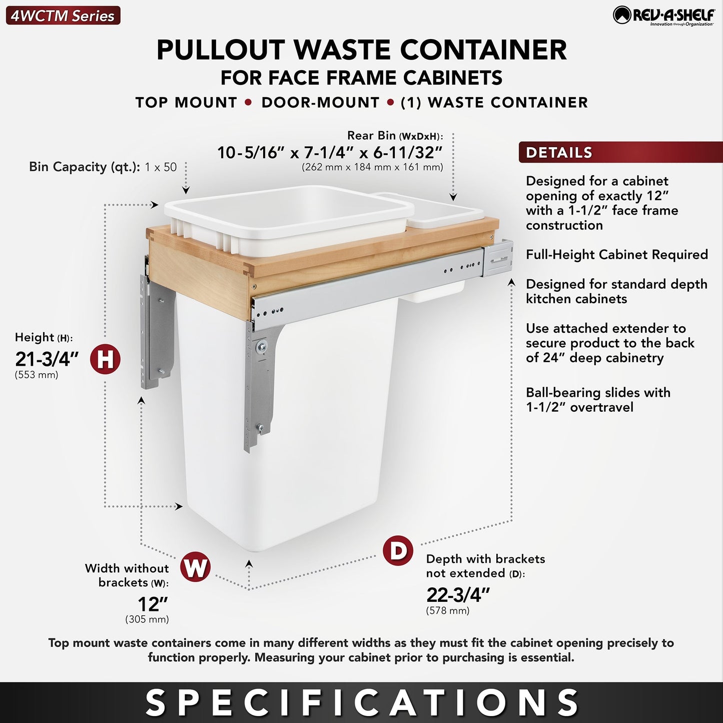 Rev-A-Shelf Single Pullout Top Mount Trash Can 50 qt., White, 4WCTM-1550DM-1