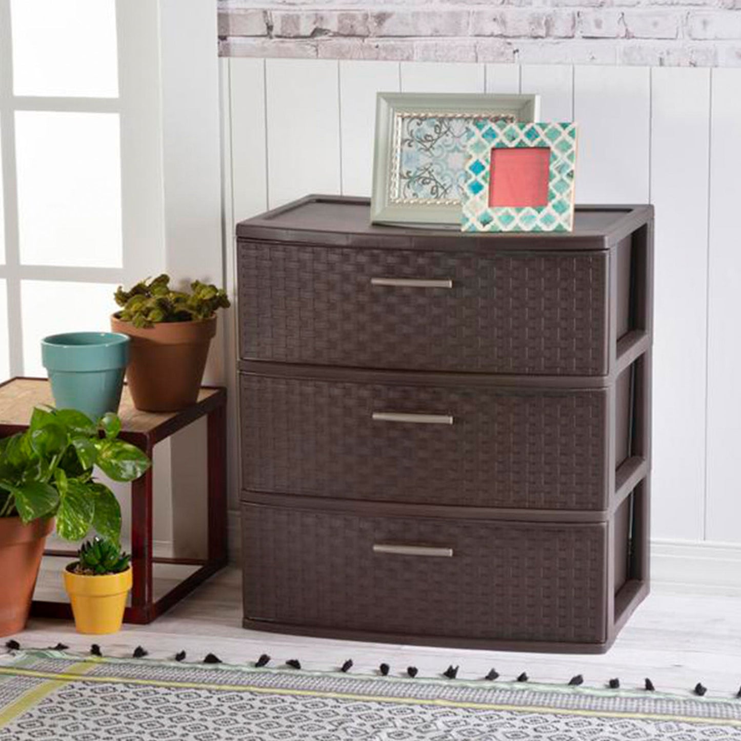 Sterilite 3 Drawer Wide Weave Storage Tower, Plastic Organizer Drawers, Brown