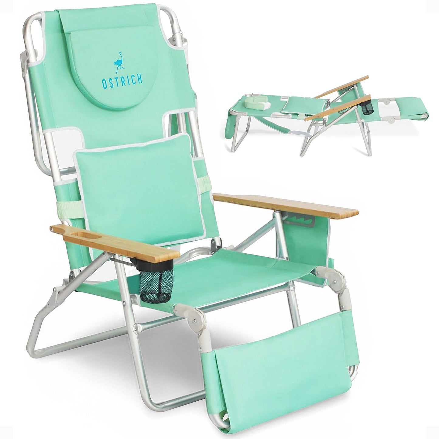 Ostrich Deluxe 3N1 Lightweight Outdoor Lawn Beach Lounge Chair w/Footrest, Teal