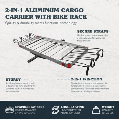 Tow Tuff TTF-2762ACBR Heavy Duty 2-in-1 Aluminum Cargo Carrier with Bike Rack - Find Fresh Goods