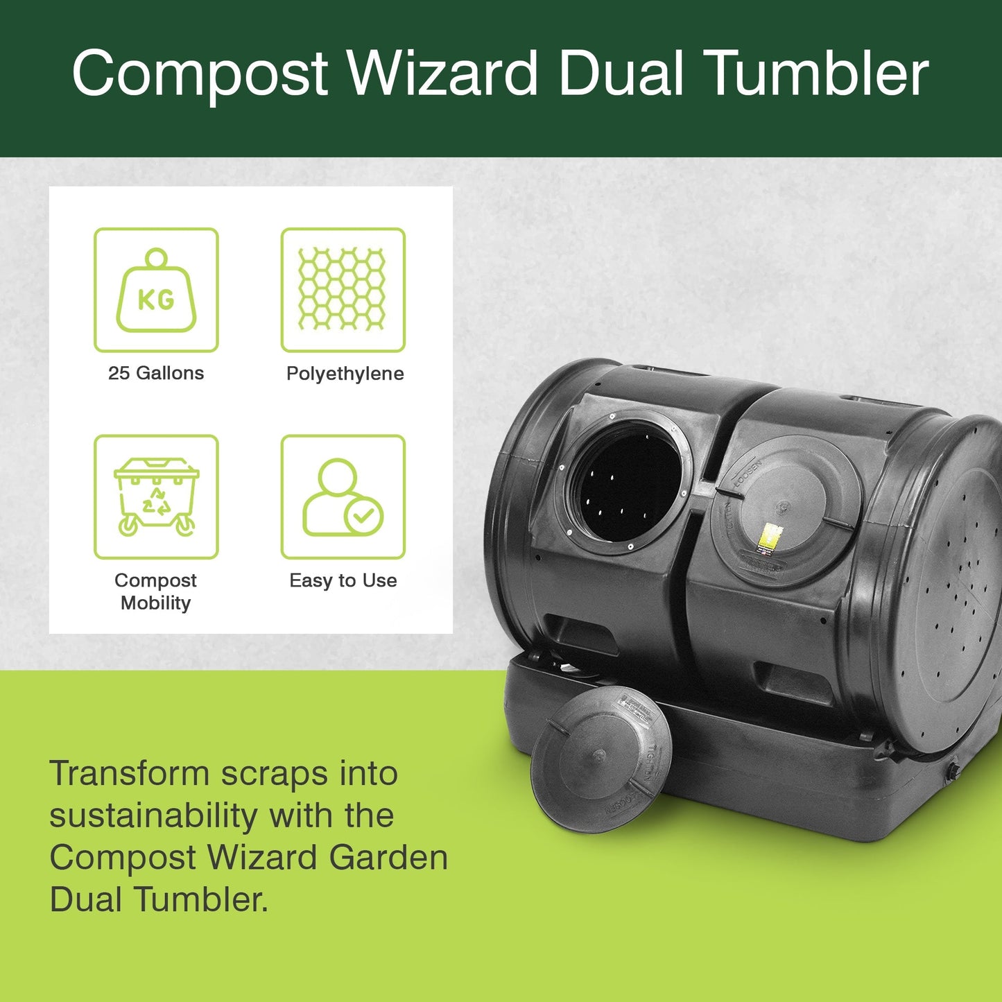 Good Ideas Compost Wizard Outdoor Garden Dual Tumbler Compost Container, Black