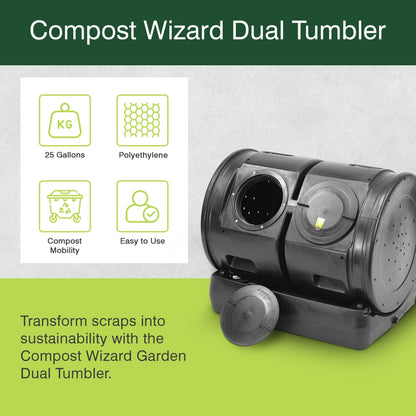 Good Ideas Compost Wizard Outdoor Garden Dual Tumbler Compost Container, Black