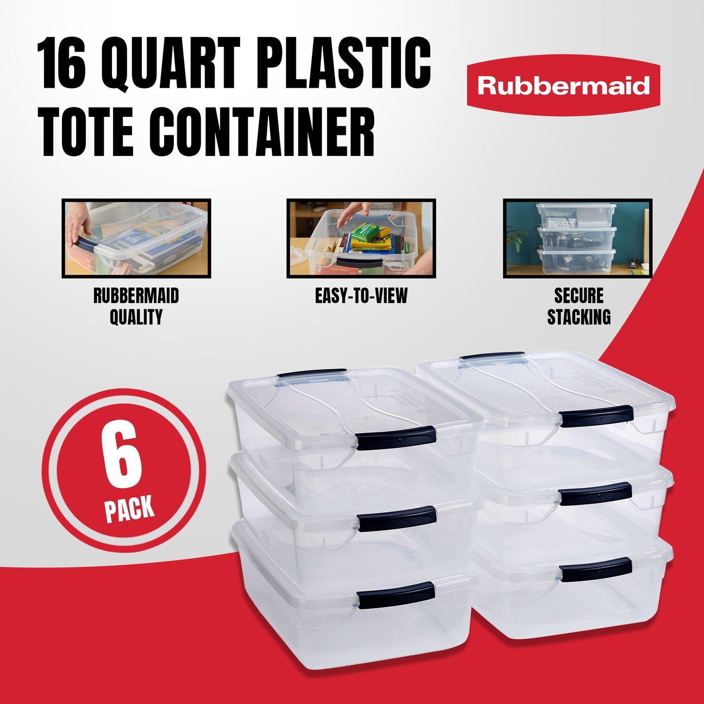 Rubbermaid Cleverstore 17 Quart Plastic Storage Tote Container with Lid (6 Pack)