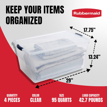 Rubbermaid Cleverstore 95 Quart Clear Plastic Storage Container & Lid, (4 Pack)
