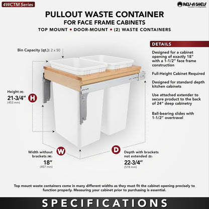 Rev-A-Shelf Double Pullout Top Mount Trash Can 50 qt., White, 4WCTM-2150DM-2