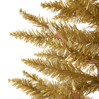 Home Heritage Tinsel 7' Pencil 150 LED Pre-Lit Artificial Christmas Tree, Gold