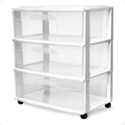 Homz Plastic 3 Clear Drawer Small Rolling Storage Container Tower, White Frame