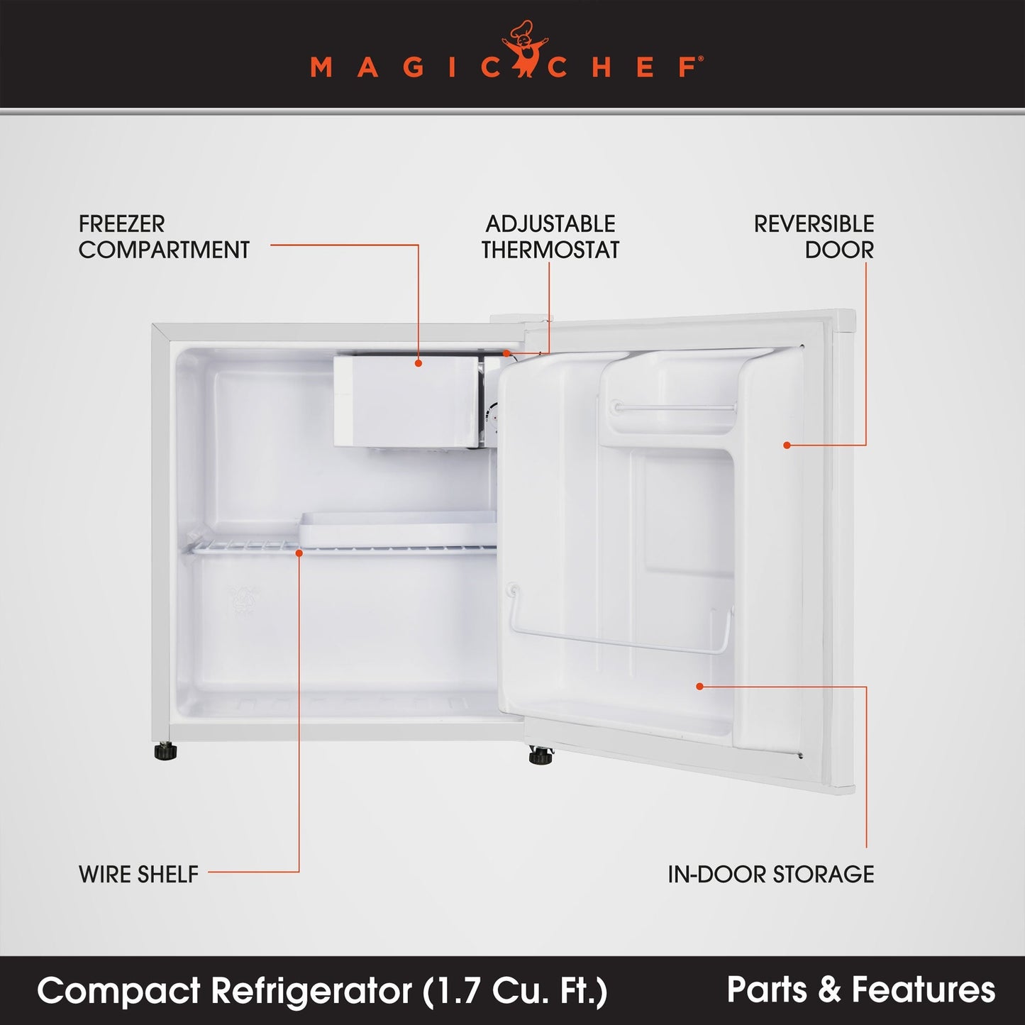 Magic Chef MCR170WE Mini Refrigerator with Freezer Shelf, 1.7 Cubic Feet, White