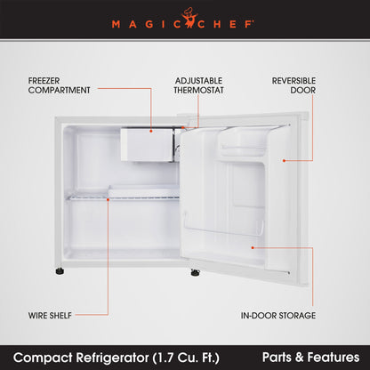 Magic Chef MCR170WE Mini Refrigerator with Freezer Shelf, 1.7 Cubic Feet, White
