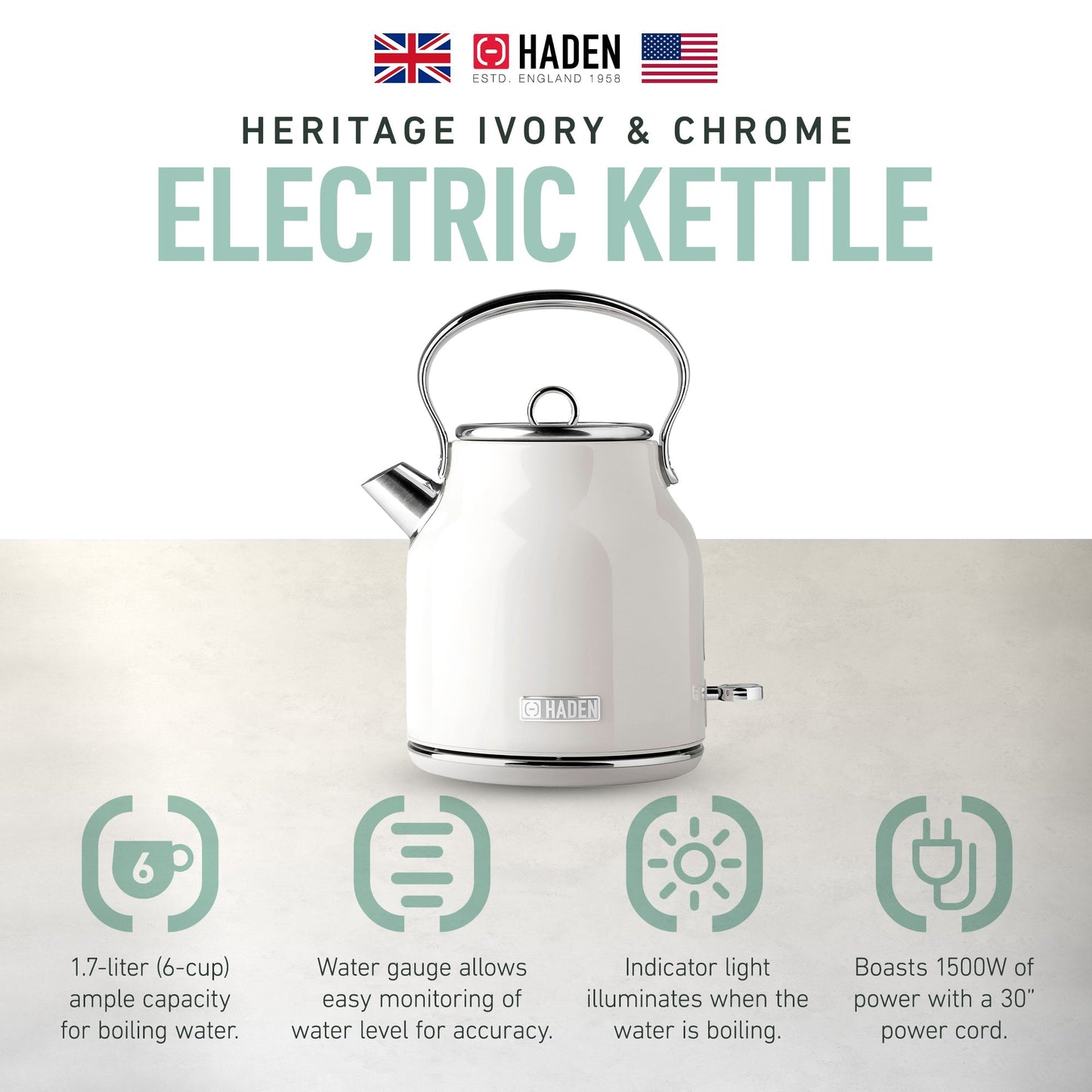 Haden Heritage 1.7 Liter Stainless Steel Electric Water Kettle, Ivory & Chrome