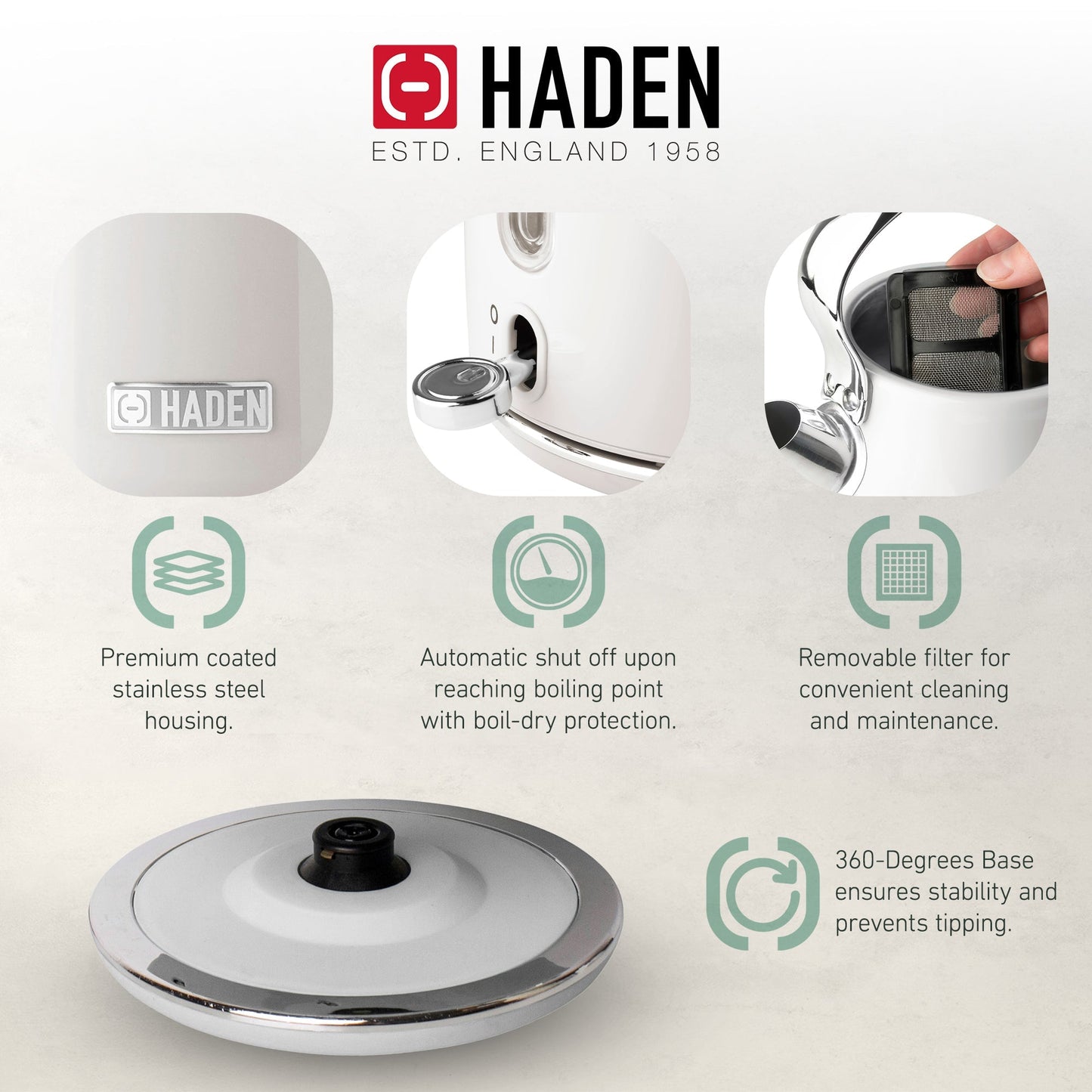Haden Heritage 1.7 Liter Stainless Steel Electric Water Kettle, Ivory & Chrome