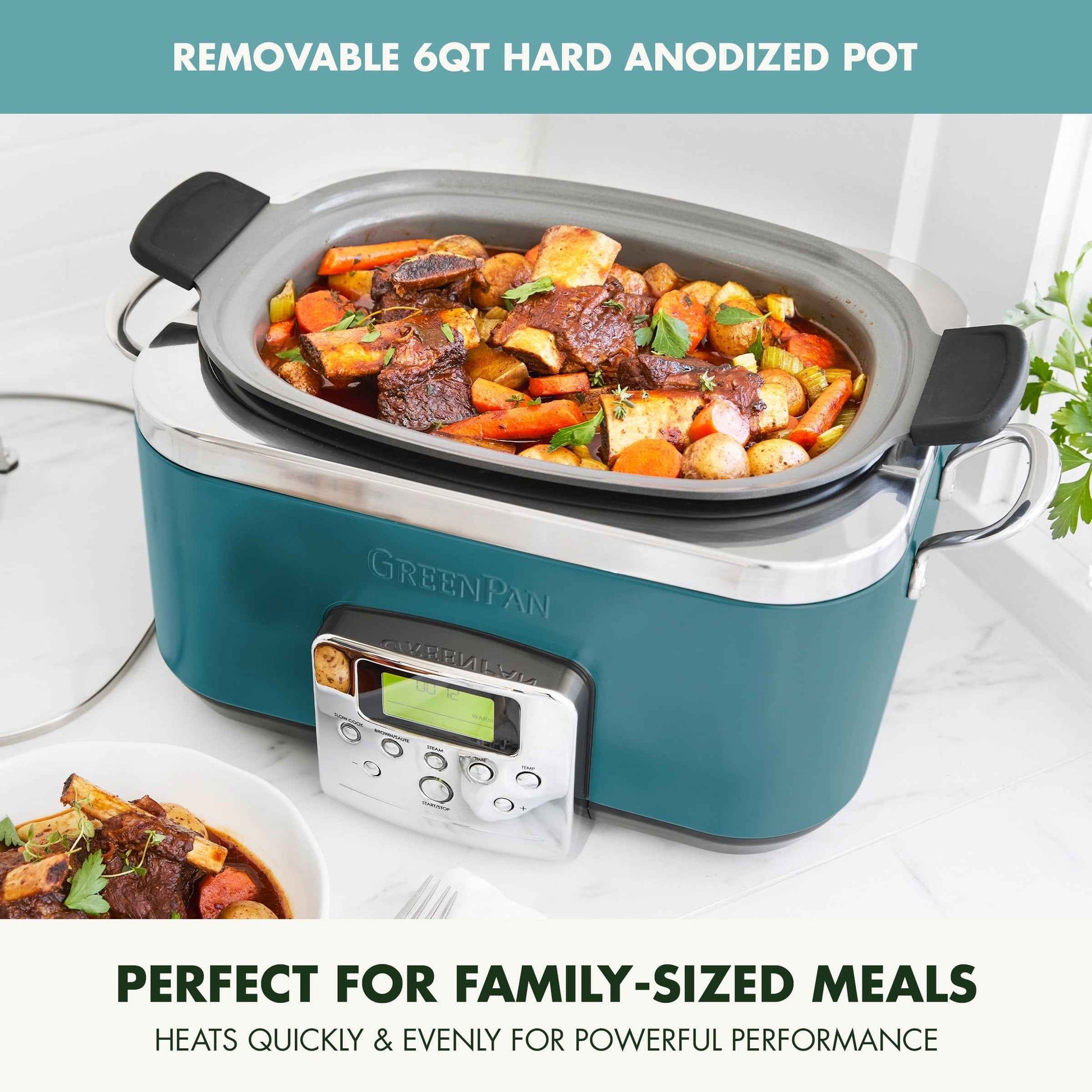 GreenPan 6 Quart, 8-in-1 Programmable Family Size Ceramic Nonstick Slow Cooker, Teal