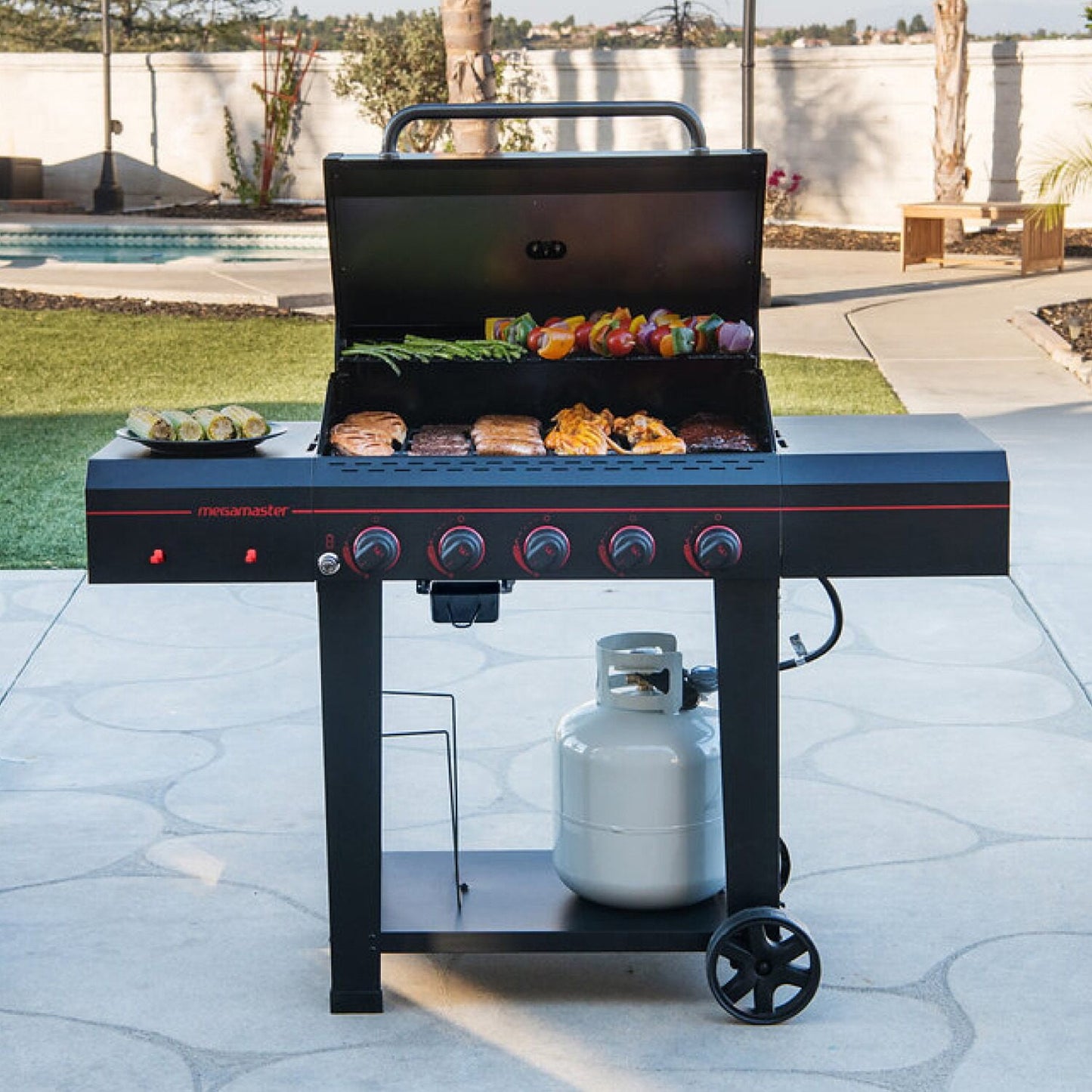 Megamaster 5-Burner Propane Gas Grill with Side Tables, Accessory Hooks, 50,000 BTUs, 656 SQ. In. Cooking Space, 2 Wheel Transport, Outdoor Kitchen Grill for BBQs, Backyards, and More - 720-0982