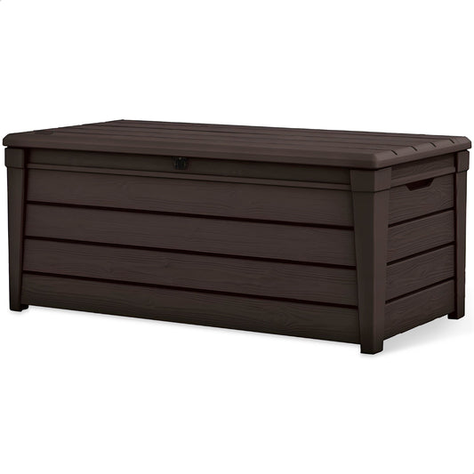 Keter Brightwood 120gal Weatherproof Resin Patio Deck Storage Box Bench, Brown