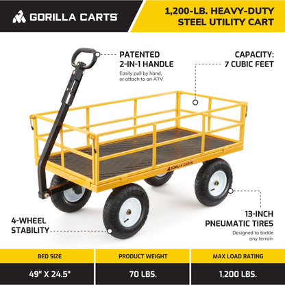 Gorilla Carts Steel Utility Cart, 7 Cu Ft Garden Wagon w/Removable Sides, Yellow