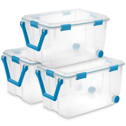 Sterilite 120 Qt Wheeled Gasket Box Stackable Storage Bin with Latch Lid, 3 Pack