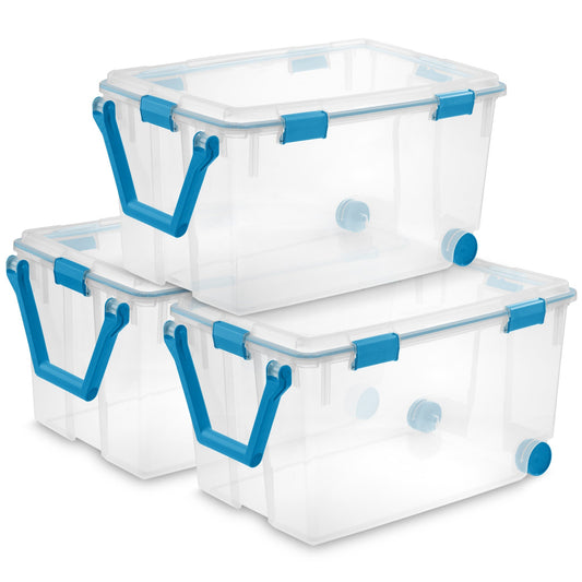 Sterilite 120 Qt Wheeled Gasket Box Stackable Storage Bin with Latch Lid, 3 Pack