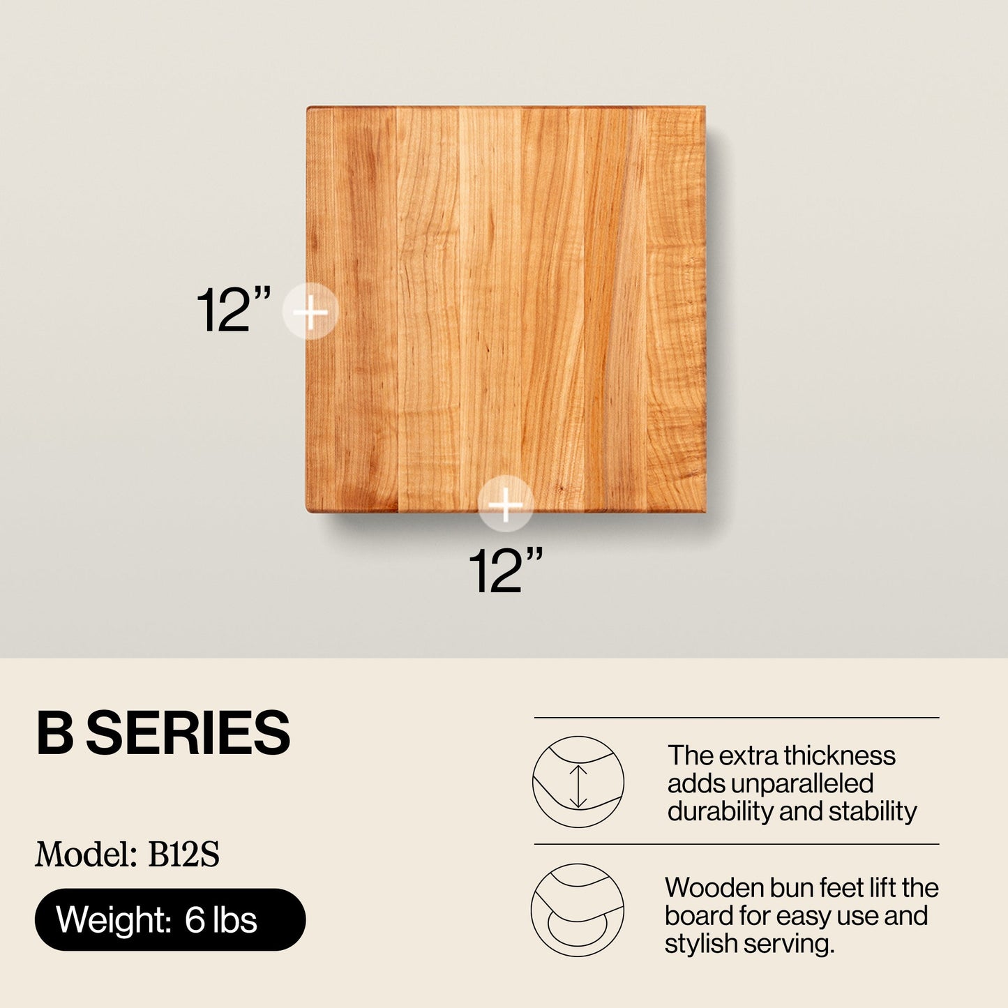 John Boos Small Maple Wood Edge Grain Cutting Board for Kitchen,12" x 12" x 1.5"