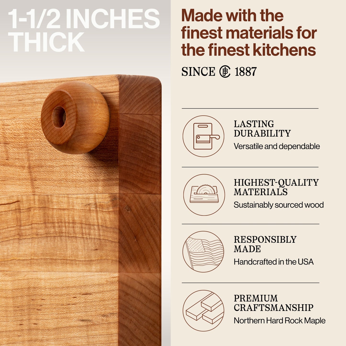 John Boos Small Maple Wood Edge Grain Cutting Board for Kitchen,12" x 12" x 1.5"