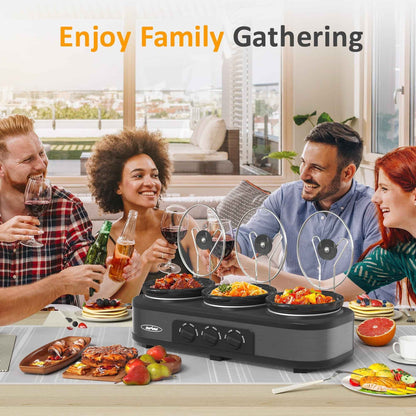 Heynemo Triple Slow Cooker, Buffet Food Warmer with three 1.5-Quart Removable Ceramic Pots, Buffet Servers and Warmers with Glass Lids and 3 Spoons, Stainless Steel, Grey