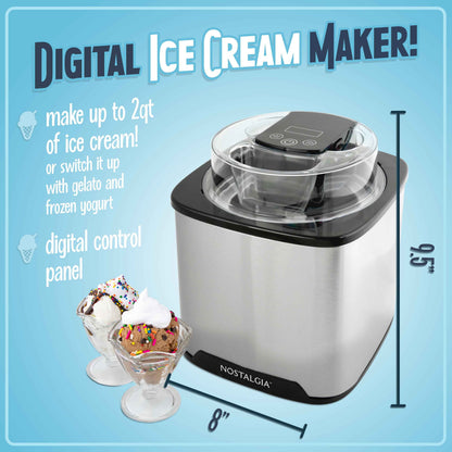 Nostalgia 2-Quart Electric Ice Cream Maker – Make Homemade Ice Cream, Gelato, Sorbet & Frozen Yogurt – No Salt/Ice Needed, Digital Controls, Mix-In Chute & Freezing Gel Canister – Stainless Steel