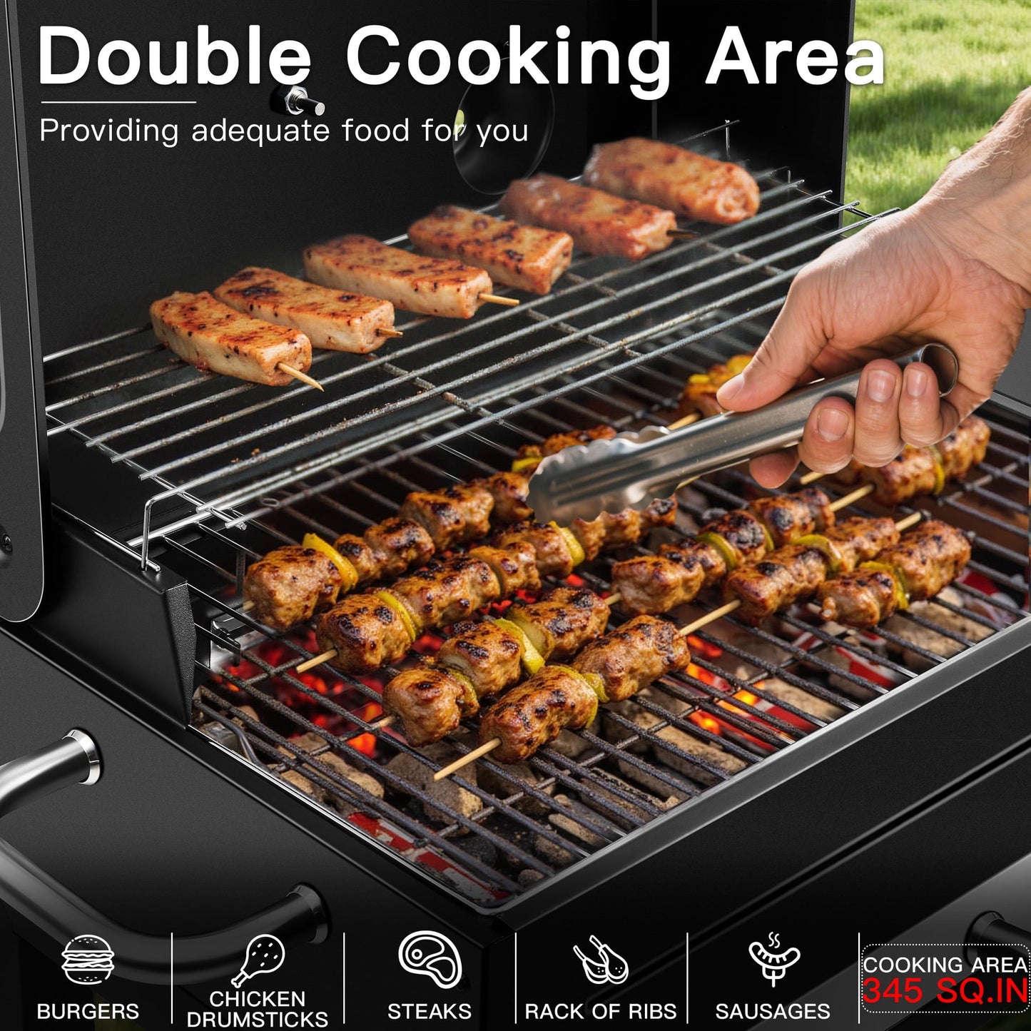 Portable Charcoal Smoker Grill Combo with Offset Firebox – Heavy Duty BBQ Grill with Warming Rack & Side Shelf for Outdoor Cooking, Camping & Tailgating