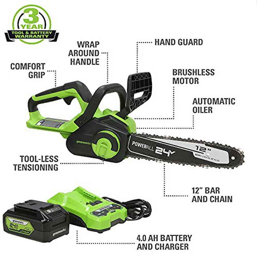 Greenworks 24V 12" Brushless Chainsaw + 4.0 Ah Battery and Charger 2016602