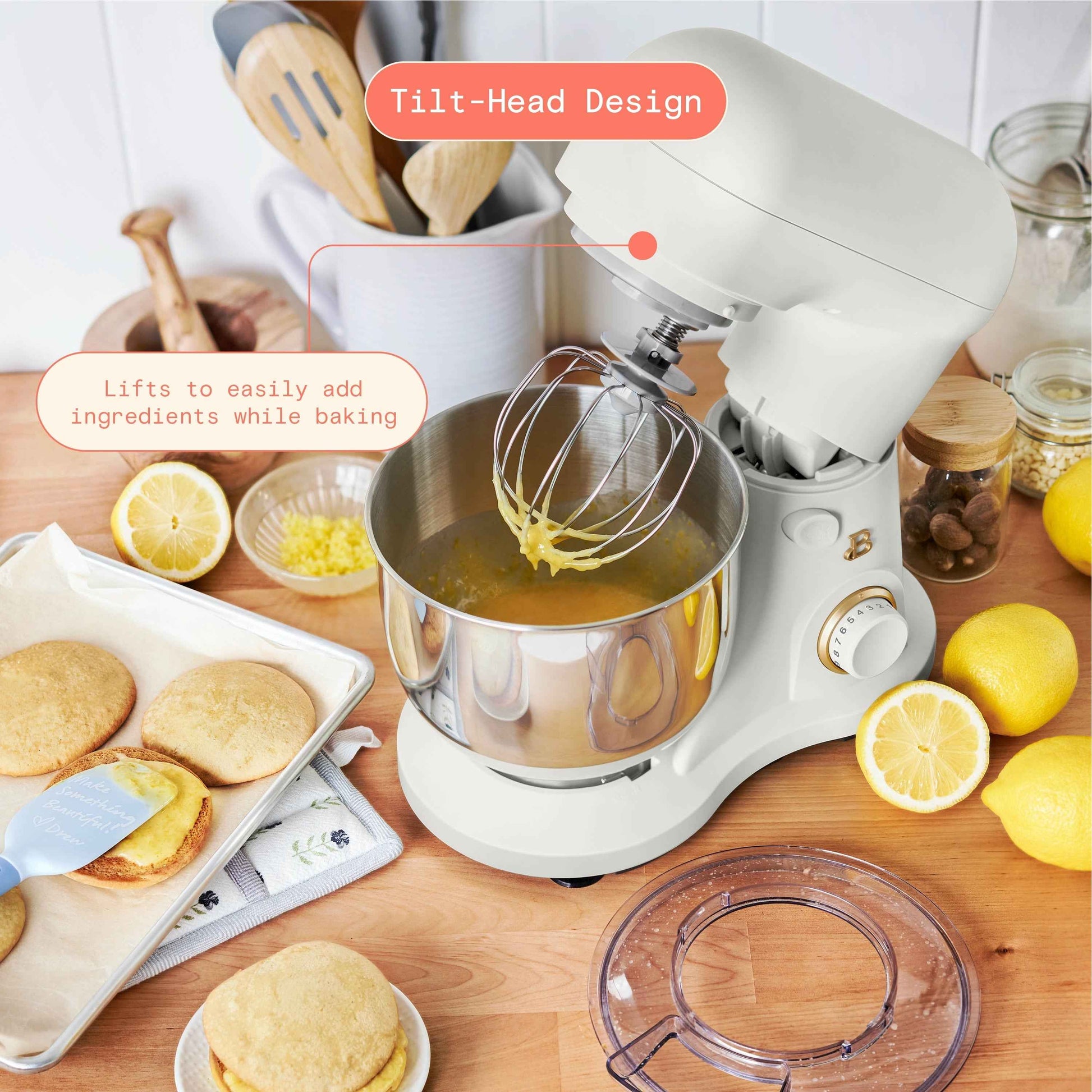Beautiful 3.5 Qt Stand Mixer, White Icing with Flat Beater, Dough Hook, Balloon Whisk