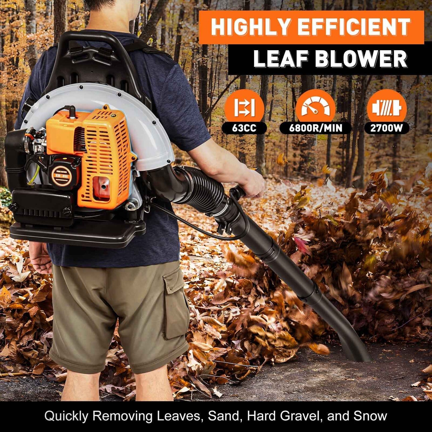 Aiqidi 6800 RPM at 79 Gal/S 63cc Gas Powered Backpack Leaf Blower, Adjustable Speed