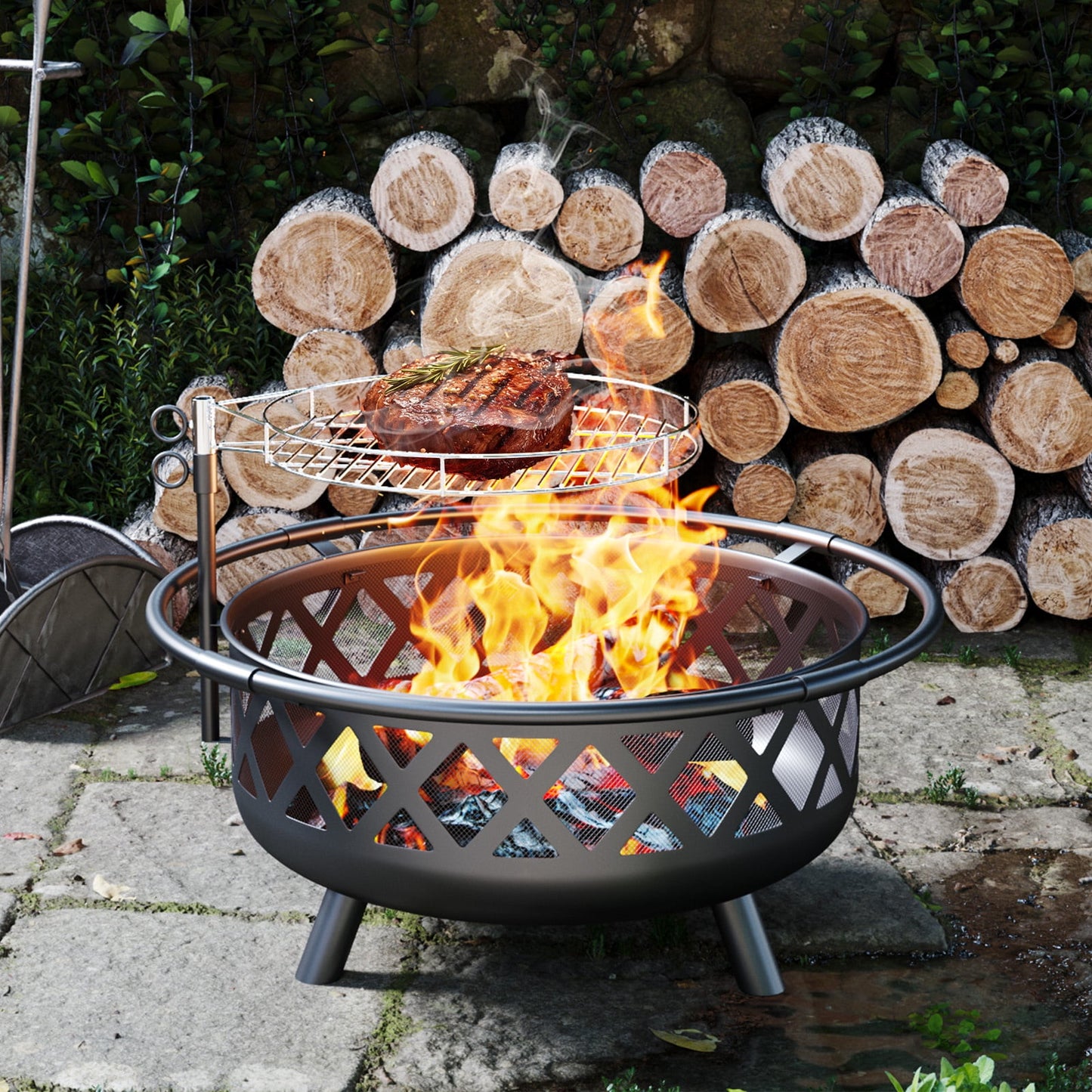 JolyDale 30 inch Outdoor Fire Pit with Cooking 2 in 1 Grate Wood Burning Firepit Steel Firepit Bowl with Swivel BBQ Grill, Poker for Backyard, Garden