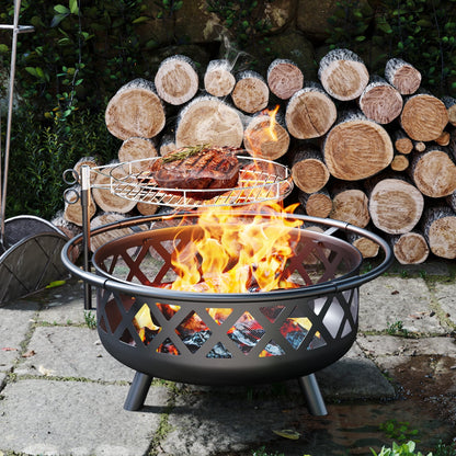 JolyDale 30 inch Outdoor Fire Pit with Cooking 2 in 1 Grate Wood Burning Firepit Steel Firepit Bowl with Swivel BBQ Grill, Poker for Backyard, Garden