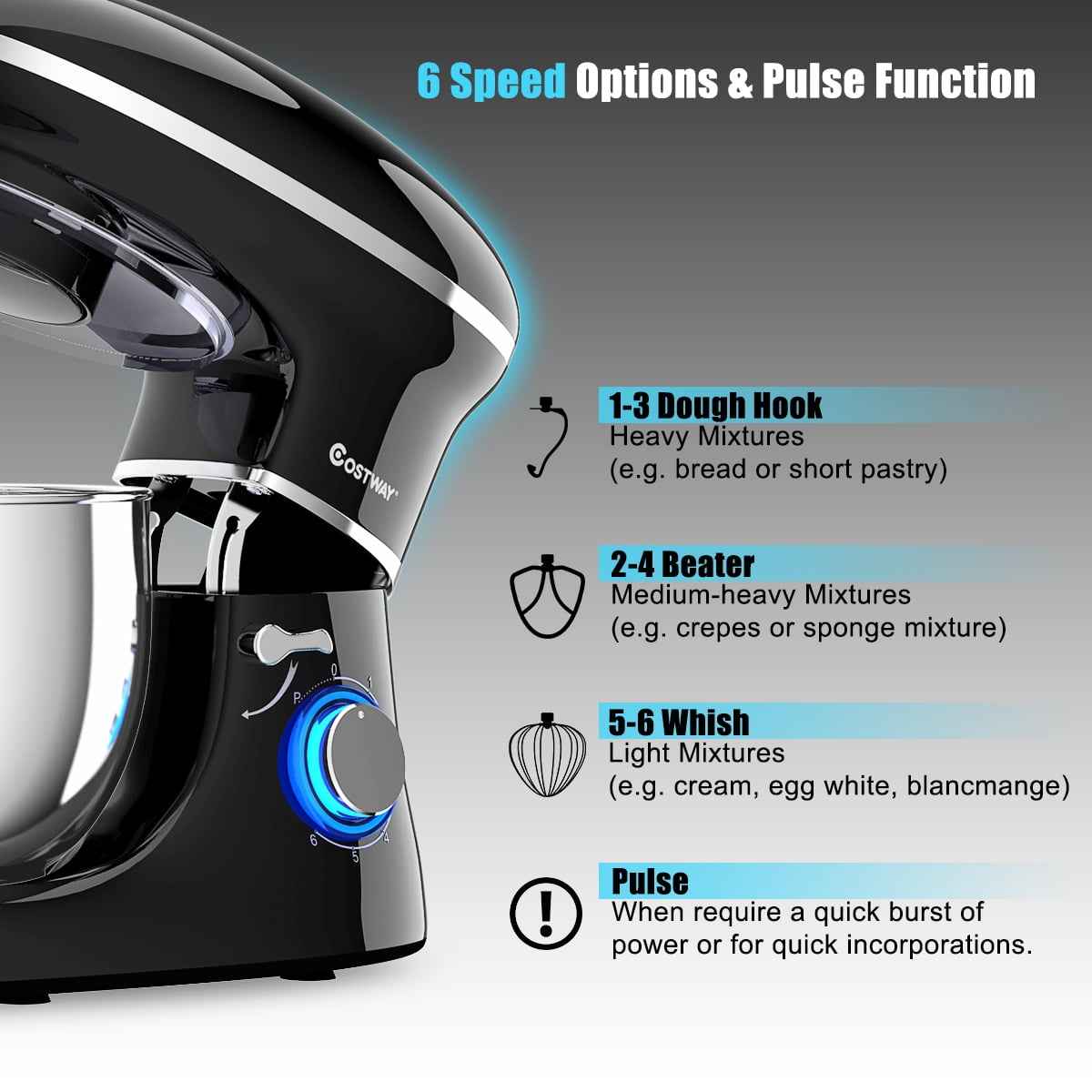 Costway 6.3 QT Tilt-Head Food Stand Mixer 6 Speed 660W wIth Dough Hook, Whisk & Beater Black