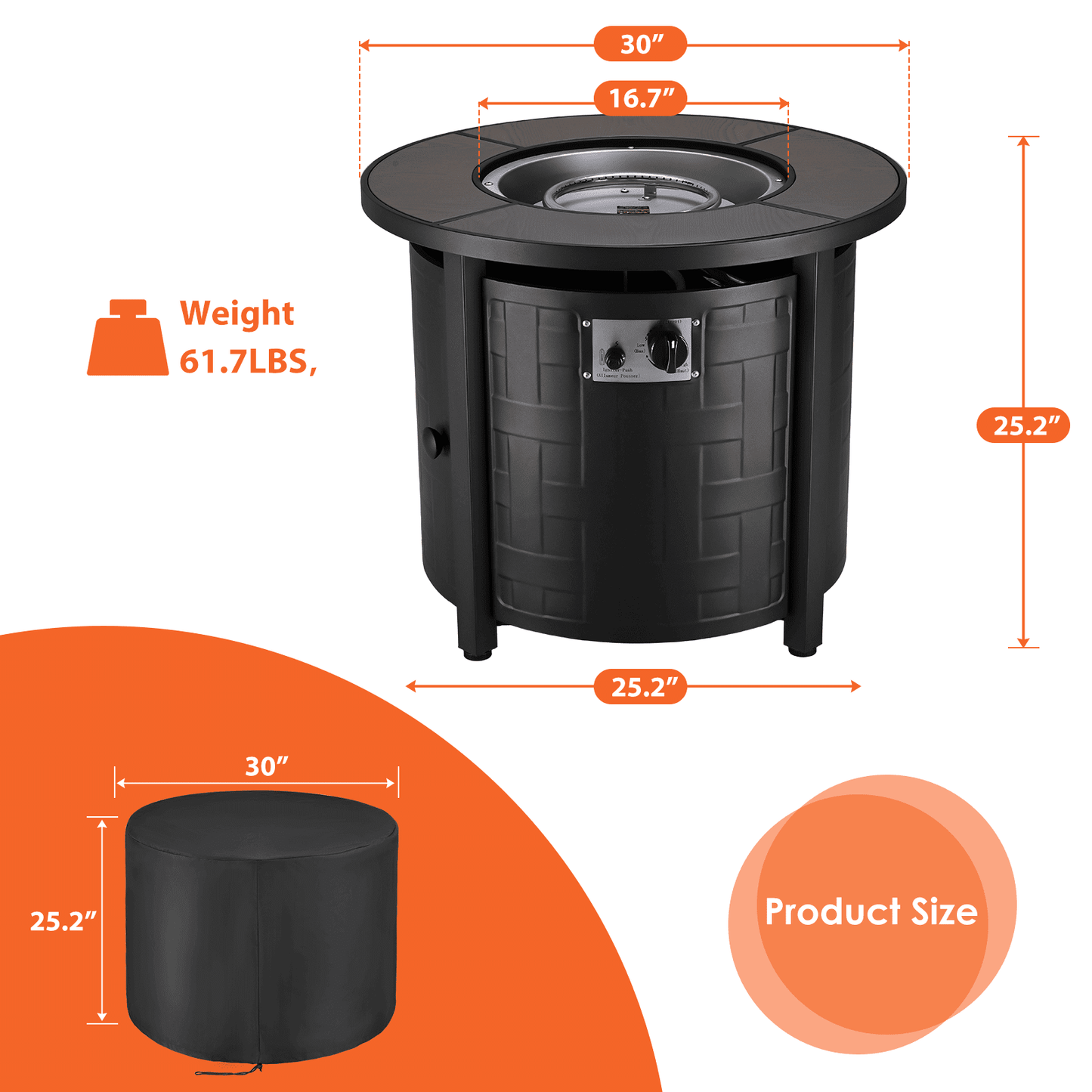 TLGREEN 30" Propane Fire Pit Table with Lid and Blue Stone, 50,000 BTU Auto-Ignition Circular Gas Fire Pit for Outdoor, with CSA Certified