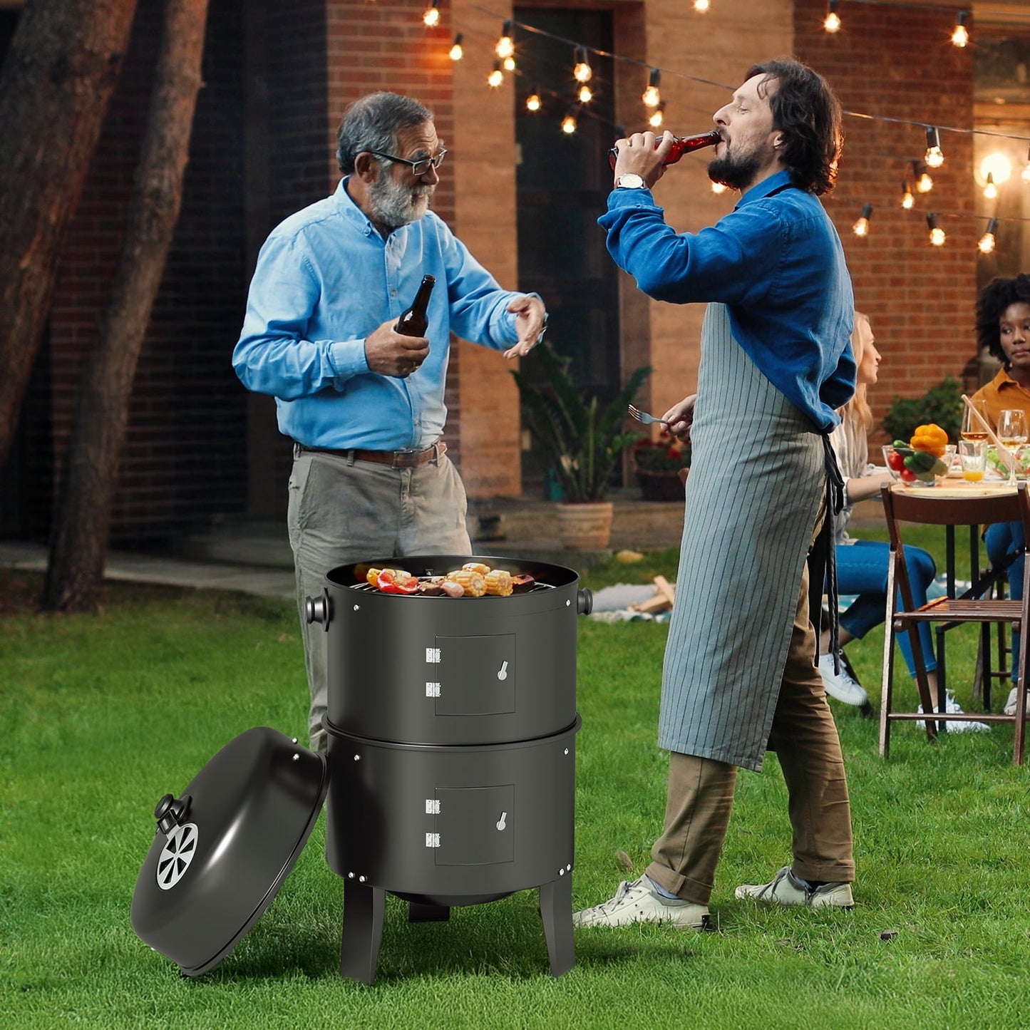 KingChii 3 in 1 Vertical Charcoal Smoker Grill BBQ Smoker for Outdoor, Patio Backyard Camping, Black
