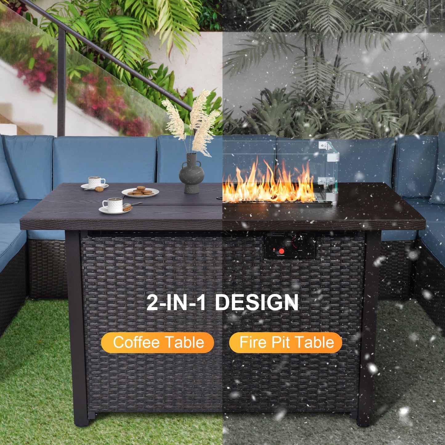Phonjoroo Fire Pit Table 42 in Outdoor Propane Gas Fire Pit for Outside 50,000 BTU Auto-Ignition Gas Firepit Outdoor Rattan Table with Glass Wind Guard and Cover