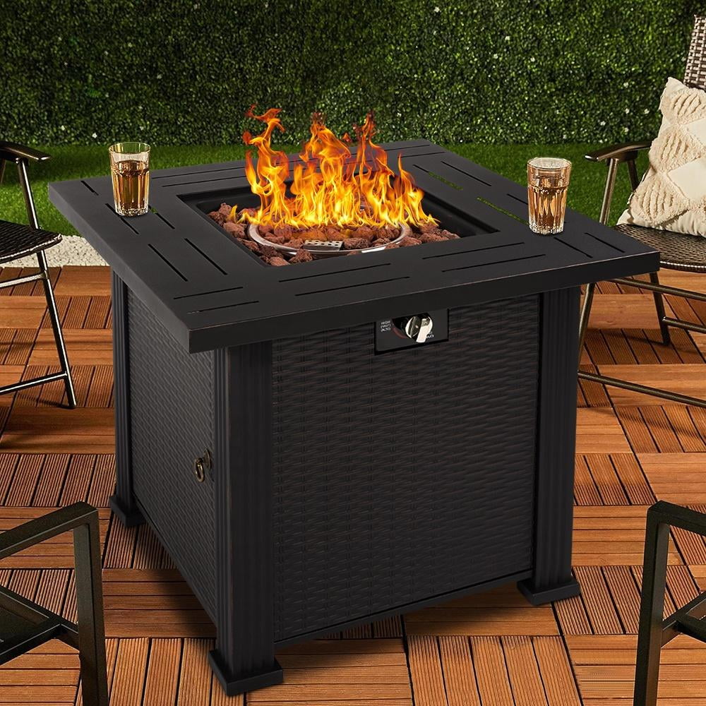 2-in-1 Propane Fire Pit Table, Outdoor Table with Fire Pit, 28 Inch 40,000 BTU Auto-Ignition Gas Fire Pit Table with Lid and Lava Rock, Square Fire Table for Yard Patio Garden