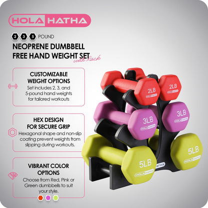 HolaHatha Neoprene Dumbbell Free Hand Weight Set with Rack