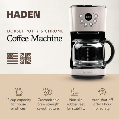 Haden Coffee Machine, 12 Cup Programmable Drip Coffee Maker, Putty & Chrome