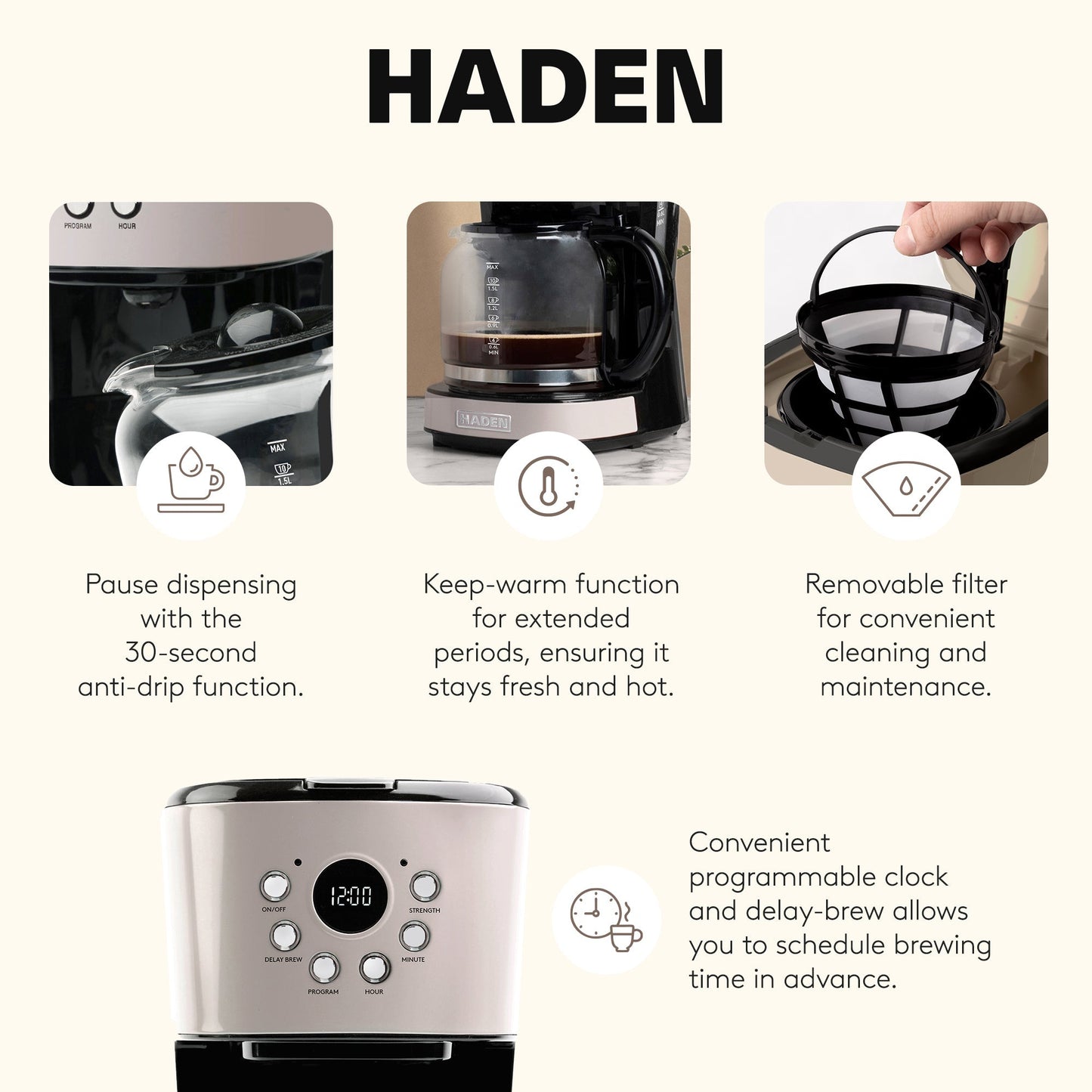 Haden Coffee Machine, 12 Cup Programmable Drip Coffee Maker, Putty & Chrome