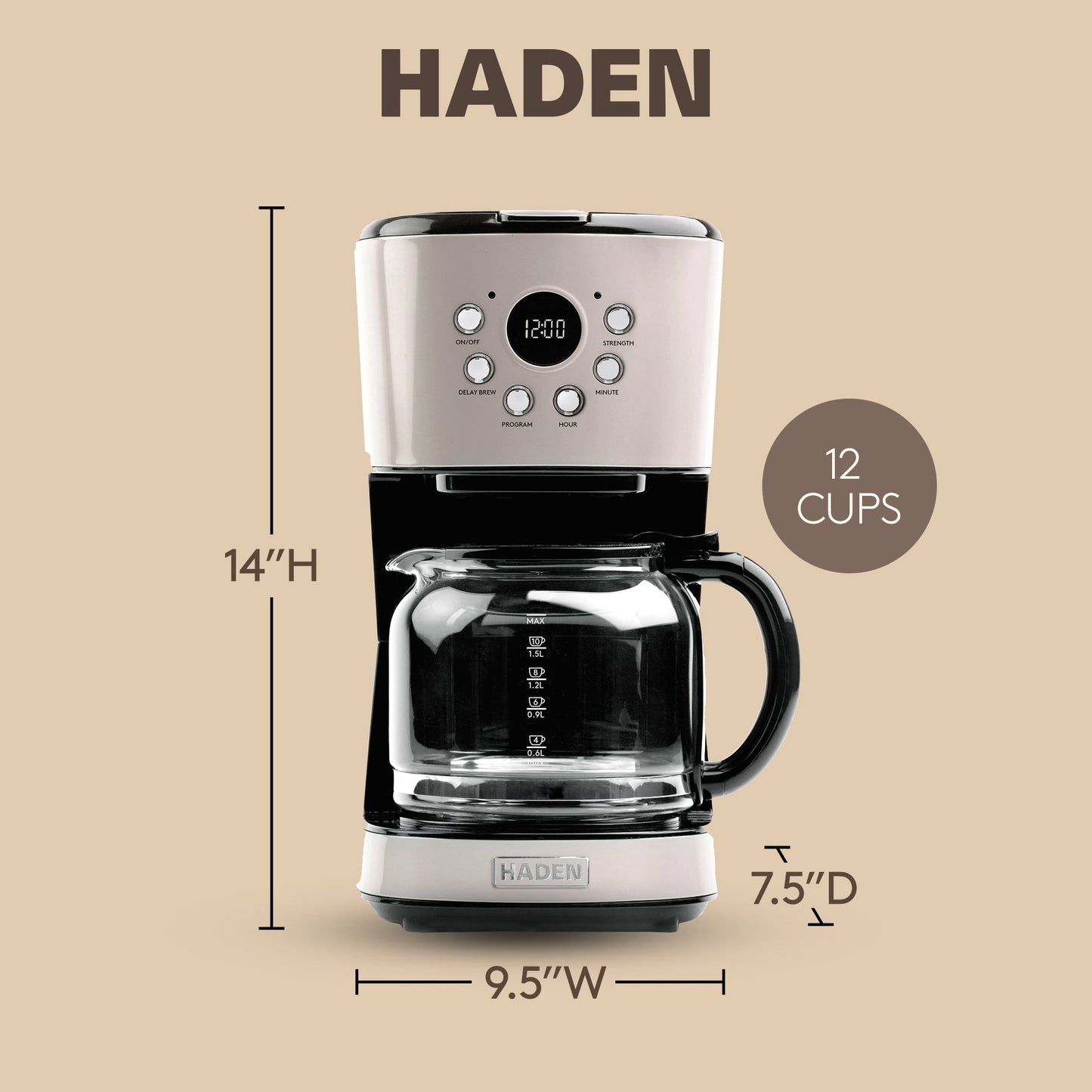 Haden Coffee Machine, 12 Cup Programmable Drip Coffee Maker, Putty & Chrome