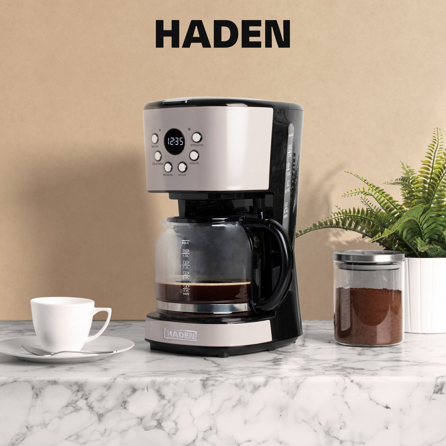 Haden Coffee Machine, 12 Cup Programmable Drip Coffee Maker, Putty & Chrome