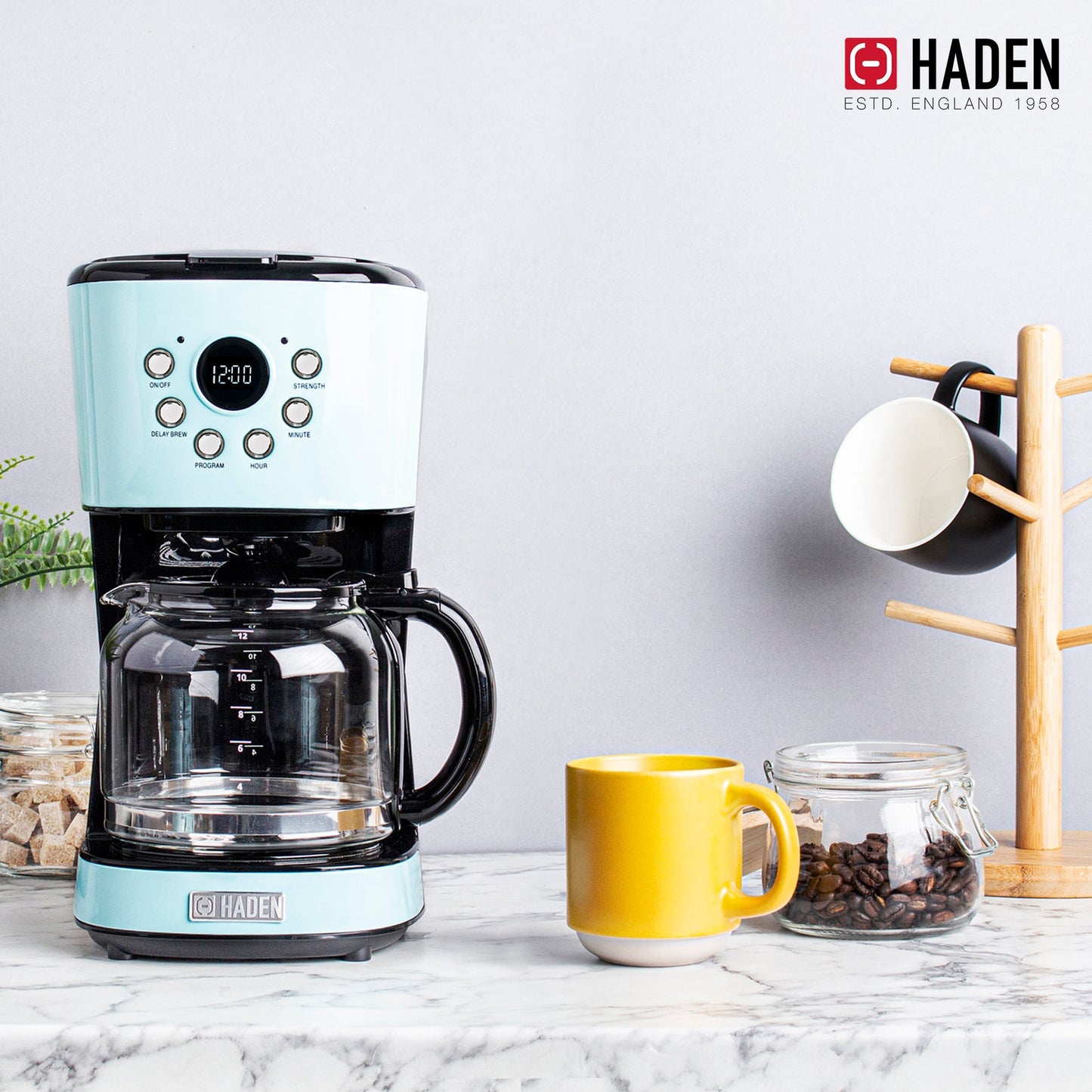 Haden Coffee Machine, 12 Cup Programmable Drip Coffee Maker, Turquoise & Chrome