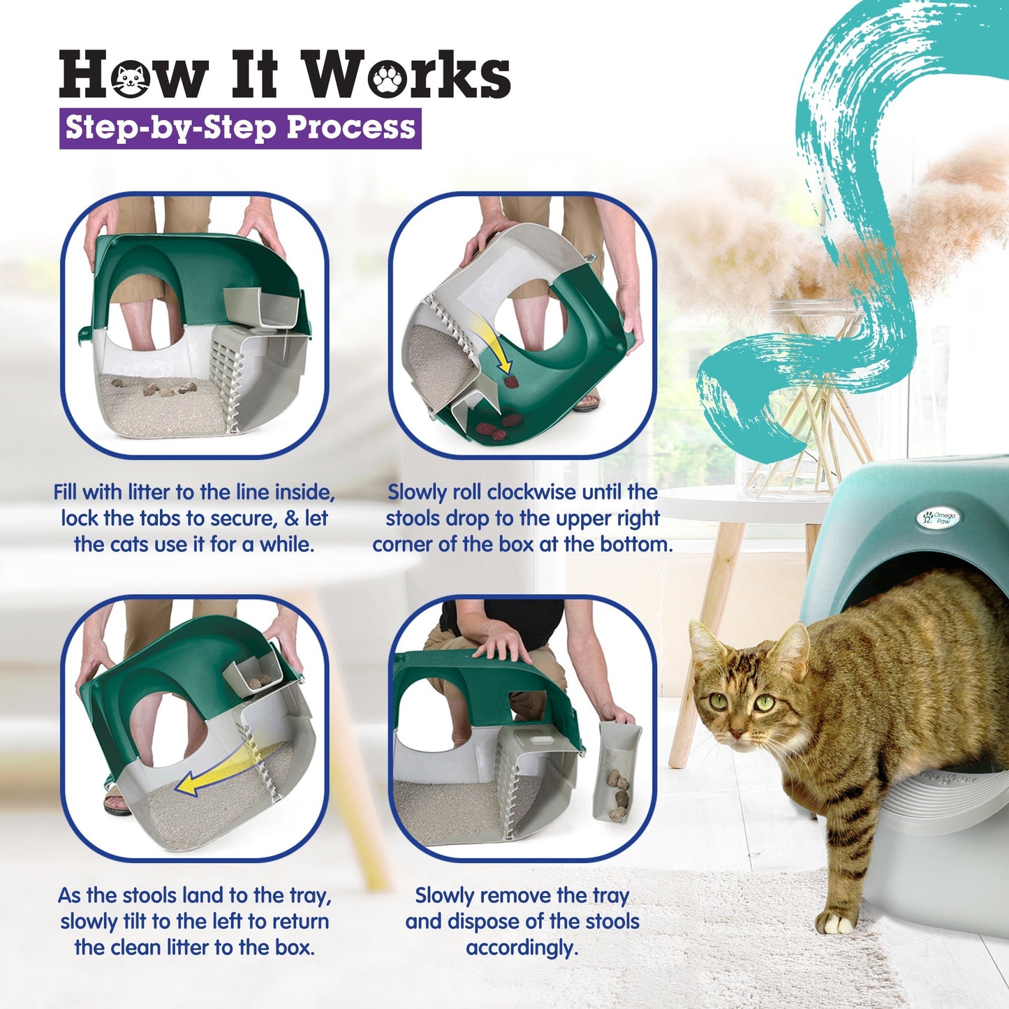 Omega Paw VM-RA15-1-PR Premium Roll 'N Clean Self Cleaning Litter Box, Green