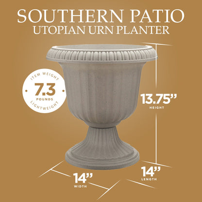 Southern Patio Large 14 In Outdoor Lightweight Resin Utopian Urn Planter, Stone