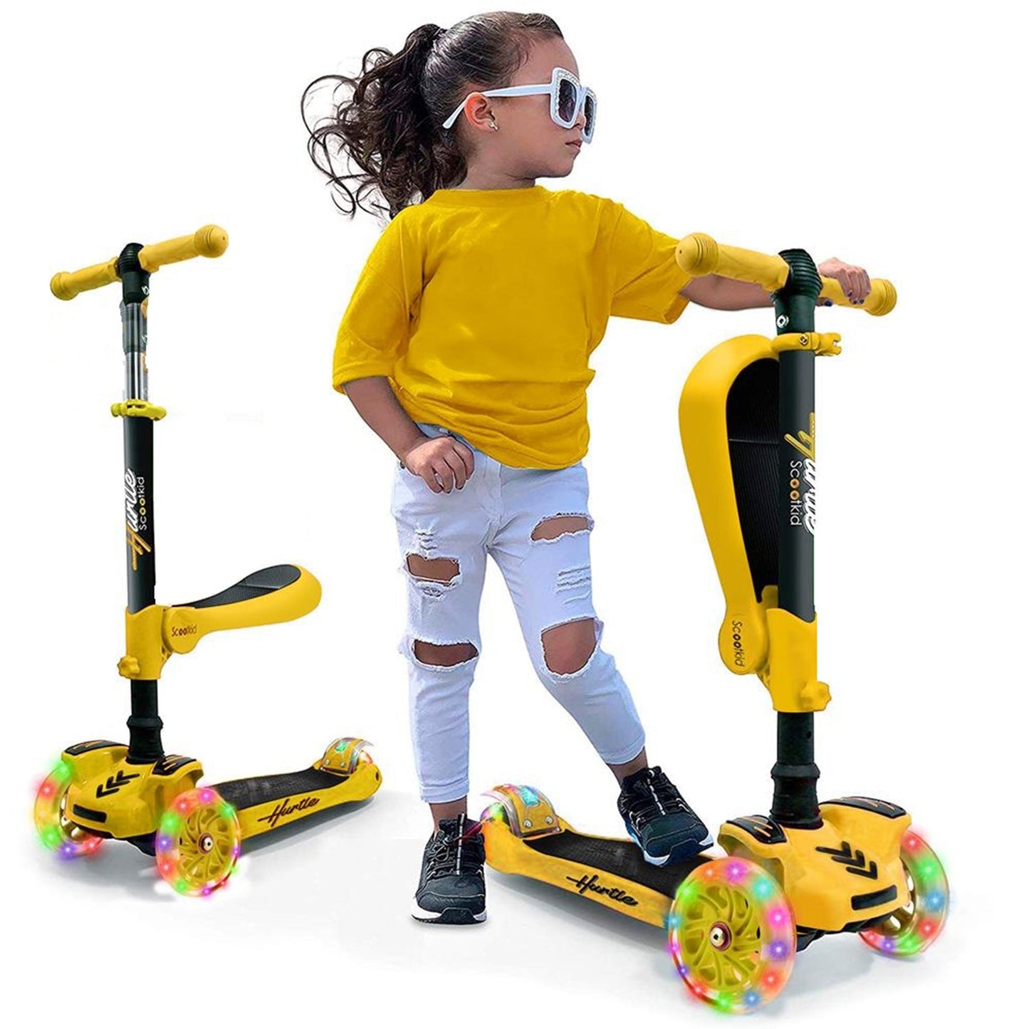 Hurtle ScootKid 3 Wheel Toddler Child Ride On Toy Scooter w/ LED Wheels, Yellow