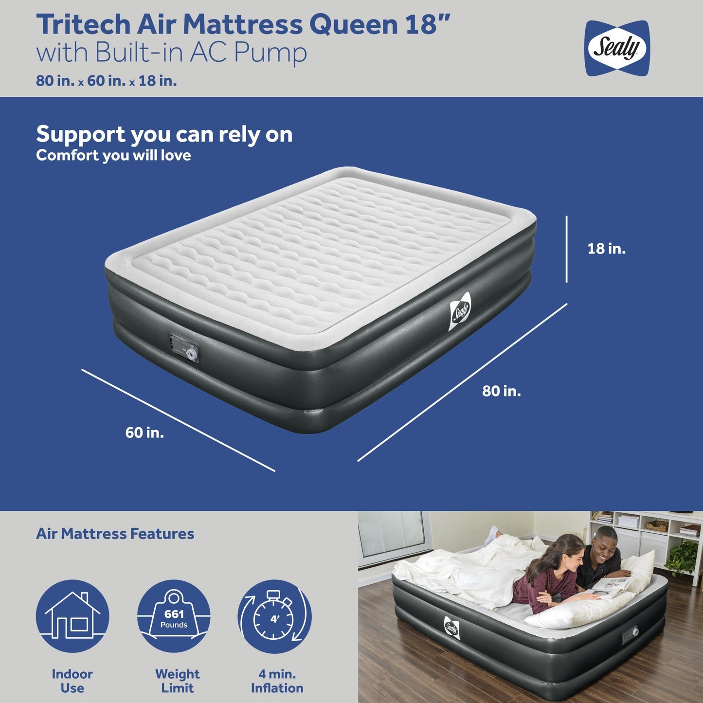 Sealy Tritech Queen Sized 18" Air Mattress Bed 2 Person w/Built-In AC Pump & Bag