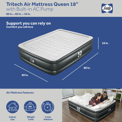 Sealy Tritech Queen Sized 18" Air Mattress Bed 2 Person w/Built-In AC Pump & Bag